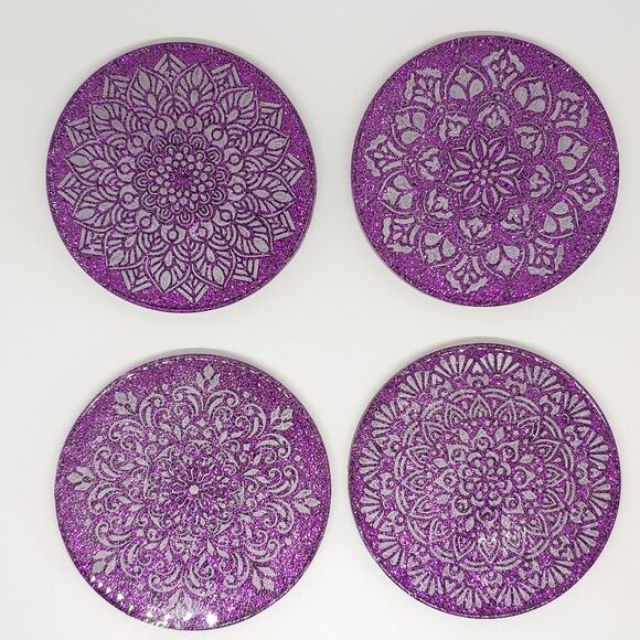 Mandala Coasters Set Purple Glitter - Picture 1 of 3